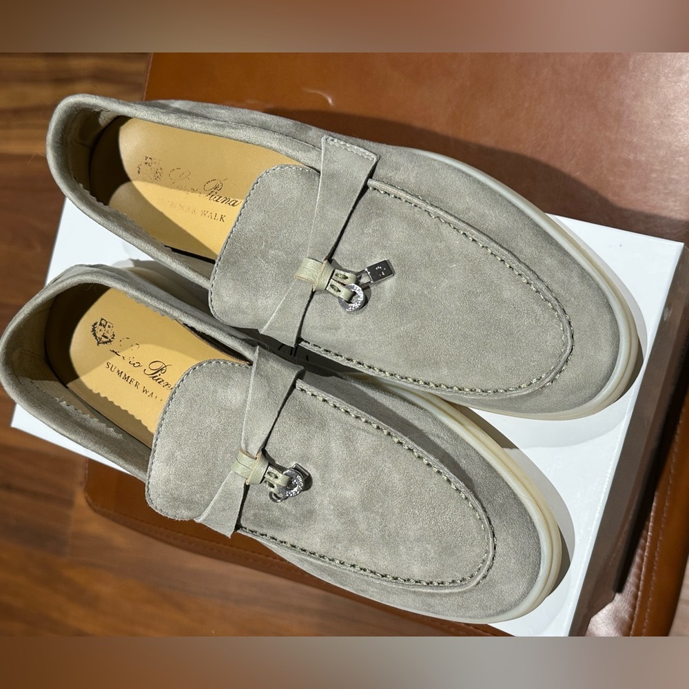 Sage Green Suede Loafers with Silver Buckle
